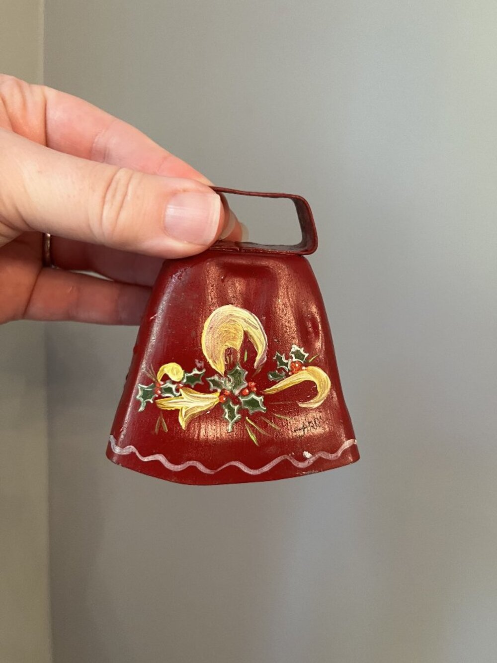 Vintage Christmas Cowbell Hand-Painted With Holiday Candle & Holly Design - 4 In